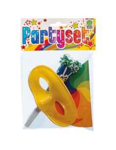 Party set con cappellino giallo, tromba colorata e domino per feste di Carnevale