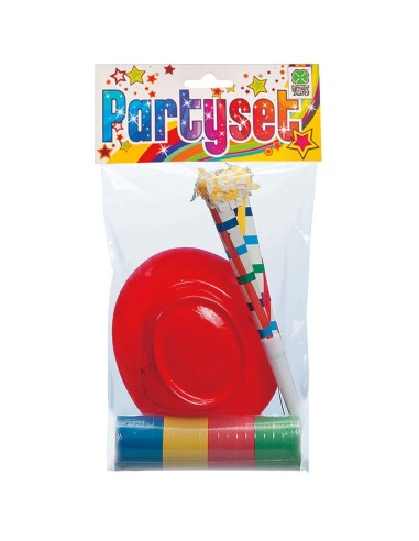 Party set con cappellino rosso lucido, tromba multicolore e stella dorata per feste