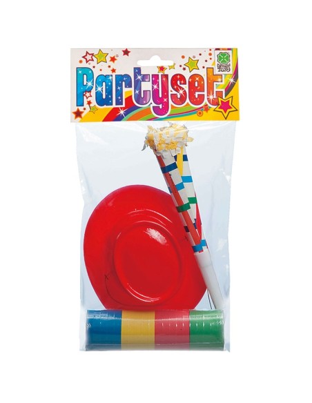 Party set con cappellino rosso lucido, tromba multicolore e stella dorata per feste