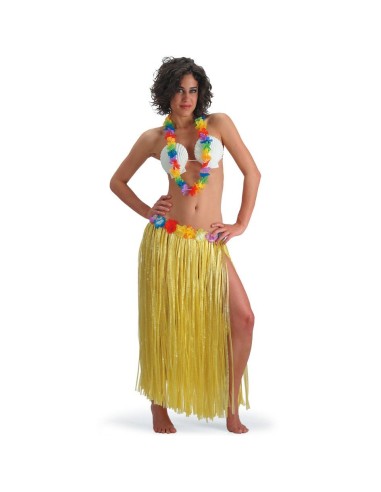 Set costume Hawaii con gonna gialla a frange e collana fiori multicolori per festa tropicale