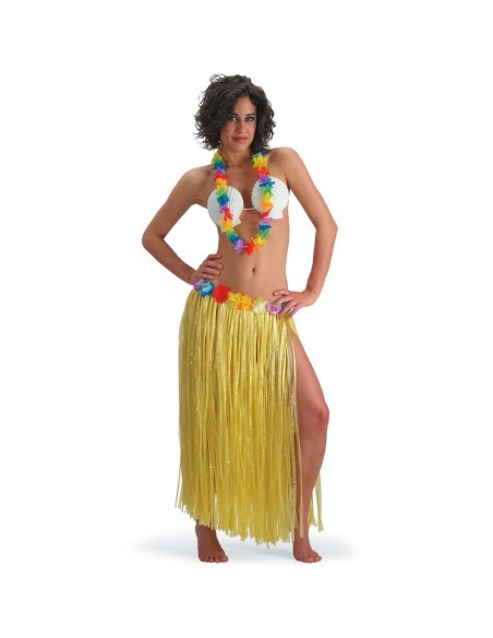 Set costume Hawaii con gonna gialla a frange e collana fiori multicolori per festa tropicale