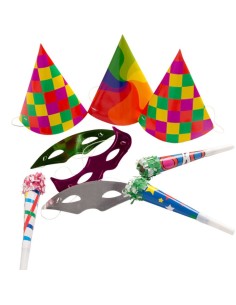 Set festa con 3 cappellini colorati geometrici, 3 farfalle e 3 trombe party multicolore per celebrazioni
