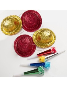 Set festa con 4 cappelli glitter oro e rossi e 4 trombe metallizzate colorate per party e celebrazioni