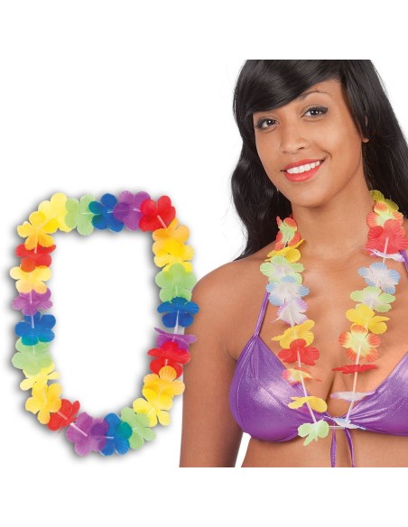 Collana hawaiana multicolore con fiori in stoffa accessorio per feste a tema tropicale
