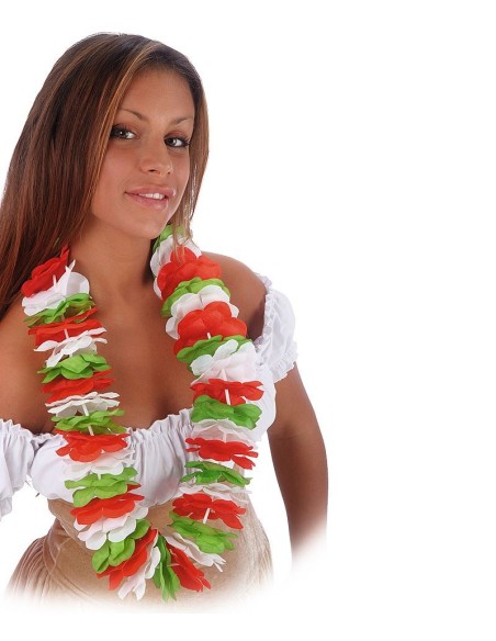 Collana hawaiana tricolore Italia con fiori verdi bianchi rossi per feste a tema tropicale