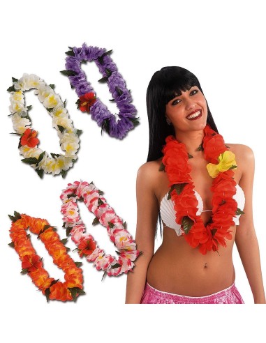 Collane hawaiane colorate con fiori tropicali assortiti e modella che indossa collana rossa