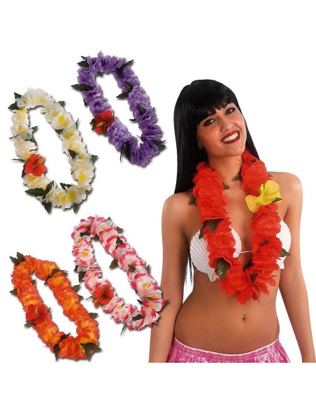 Collane hawaiane colorate con fiori tropicali assortiti e modella che indossa collana rossa