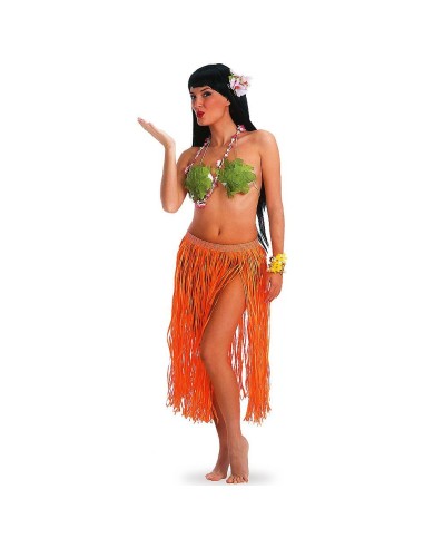 Gonna Hawaii arancione fluo in rafia con frange per costumi tropicali e feste a tema
