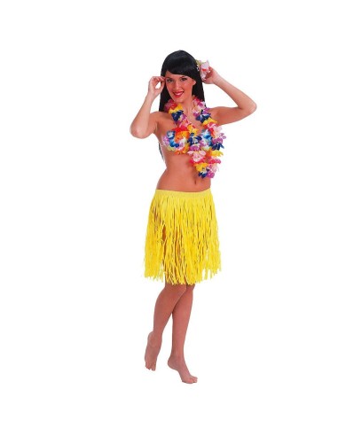 Gonna hawaiana gialla fluo in rafia con frange per costume tropicale donna