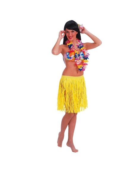 Gonna hawaiana gialla fluo in rafia con frange per costume tropicale donna