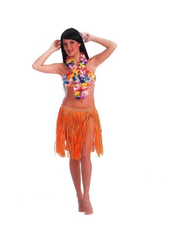 Gonna hawaiana arancione fluo in rafia lunga 45 cm per costume tropicale donna