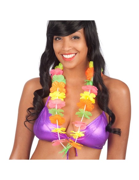 Collana hawaiana con fiori multicolore fluo in stoffa per feste a tema tropicale e Hawaii