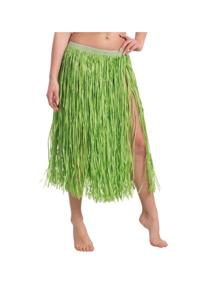 Gonna hawaiana verde in rafia naturale lunga per costume tropicale donna