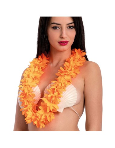 Collana Hawaii fluo arancione con fiori artificiali per costume tropicale carnevale