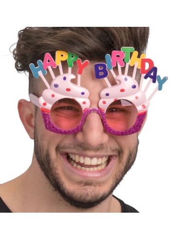 Occhiali Happy Birthday colorati con lettere e decorazioni cupcake per feste compleanno