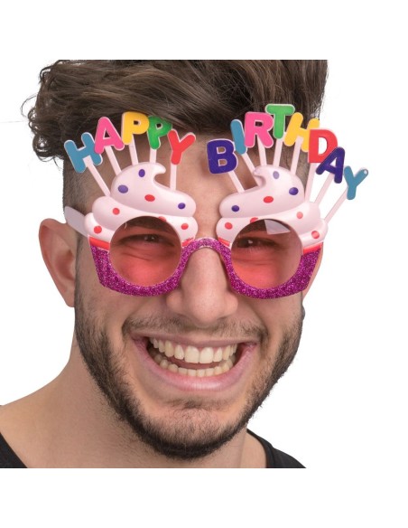 Occhiali Happy Birthday colorati con lettere e decorazioni cupcake per feste compleanno