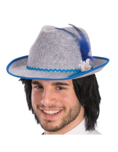 Cappello bavarese in feltro grigio con fascia blu decorativa e piume colorate per feste Oktoberfest