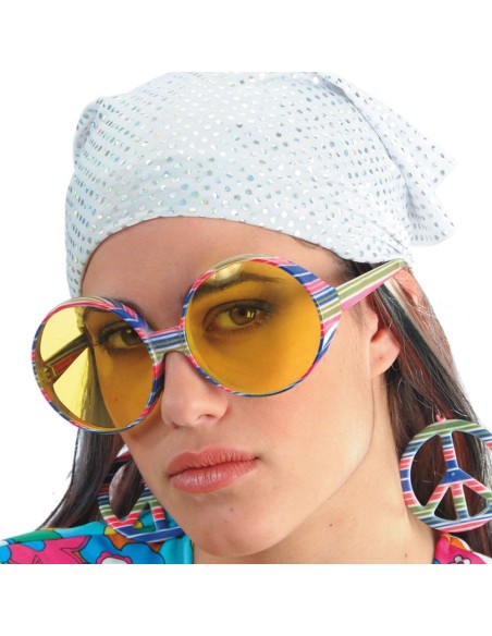 Occhiali hippie multicolore con lenti gialle e montatura a righe arcobaleno per costume anni 70