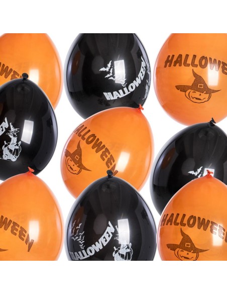 Otto palloncini Halloween arancioni e neri con decorazioni di zucche pipistrelli e fantasmi per feste a tema