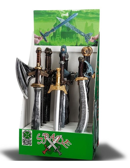 Espositore con 24 spade assortite medievali e fantasy per costumi teatrali e feste in maschera