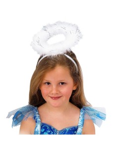 Cerchietto angelo con aureola di piume marabout bianche per costume da angelo bambina