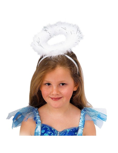 Cerchietto angelo con aureola di piume marabout bianche per costume da angelo bambina