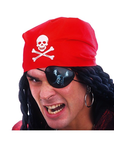 Set pirata con bandana rossa teschio, benda occhio nera e orecchino dorato per costume carnevale