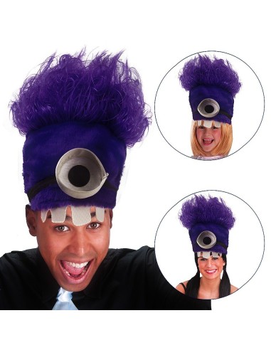 Cappello omino viola in peluche con grande occhio e capelli selvaggi per feste a tema