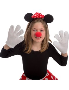 Set costume topolina con cerchietto orecchie nere, guanti bianchi e naso rosso per bambina