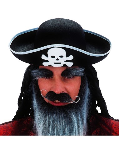 Cappello pirata nero in feltro con teschio e tibie incrociate per costume Halloween
