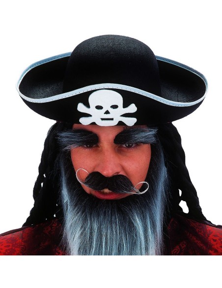 Cappello pirata nero in feltro con teschio e tibie incrociate per costume Halloween