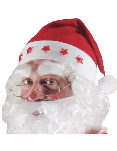 Cappuccio Babbo Natale rosso con luci LED a stella e bordatura bianca con pon pon