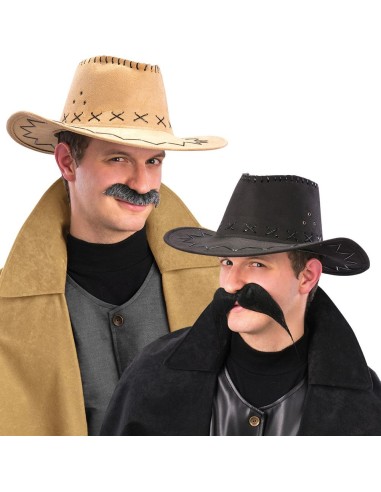 Cappelli country western scamosciati beige e neri con decorazioni per costume cowboy