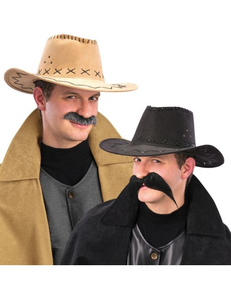 Cappelli country western scamosciati beige e neri con decorazioni per costume cowboy
