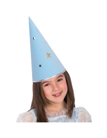 Cappello da fatina azzurro con stelle dorate indossato da bambina sorridente per costume fiabesco