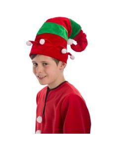 Cappello elfo natalizio rosso verde in velluto con pon pon bianchi per bambino Natale