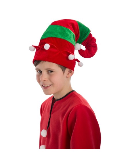 Cappello elfo natalizio rosso verde in velluto con pon pon bianchi per bambino Natale