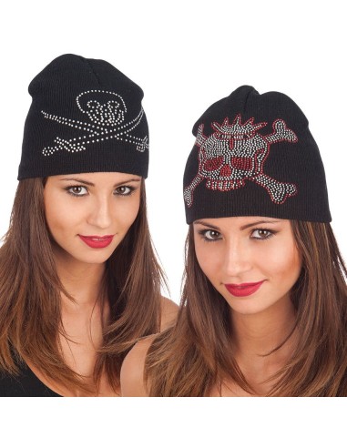 Berretto lana nero con teschio strass brillanti accessorio Halloween rock gothic