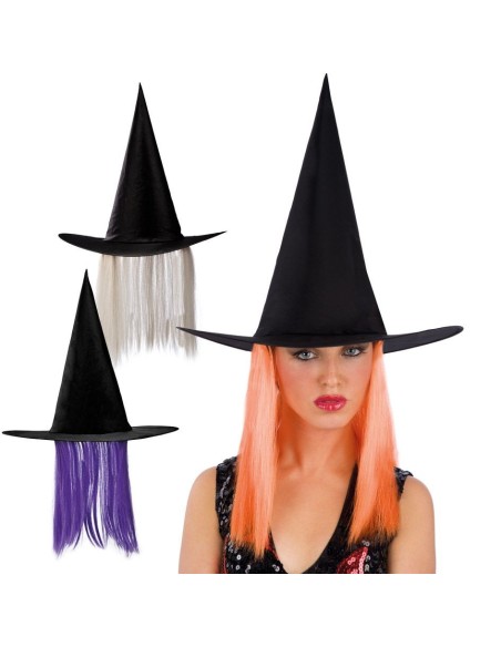 Cappello strega nero con capelli colorati viola arancioni e bianchi per costume Halloween