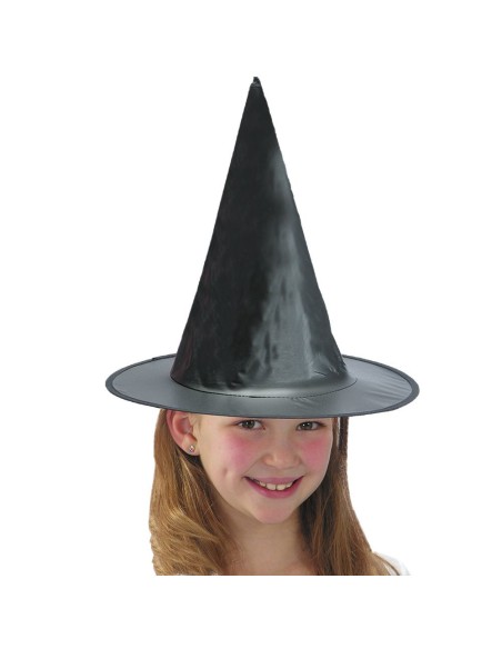 Bambina con cappello da strega nero a punta in tessuto plastificato per costume Halloween