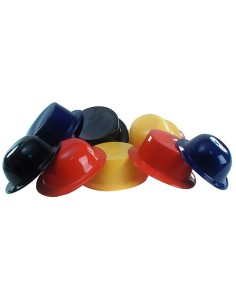 Cappelli cilindro e bombetta in plastica colorata assortiti rosso blu giallo nero per feste costume