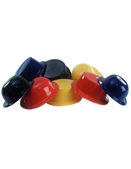 Cappelli cilindro e bombetta in plastica colorata assortiti rosso blu giallo nero per feste costume
