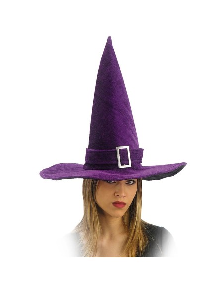 Cappello da strega viola in velluto con fibbia nera e tesa larga per costume Halloween