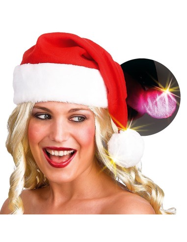 Cappello Babbo Natale rosso e bianco con pon pon luminoso LED per feste natalizie