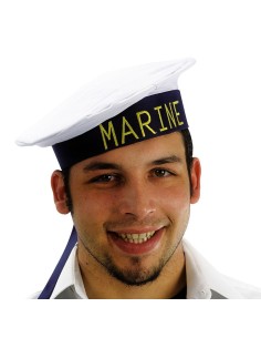 Cappello marinaio bianco con scritta Marine dorata e nastri blu per costume nautico