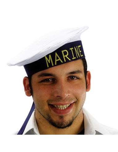 Cappello marinaio bianco con scritta Marine dorata e nastri blu per costume nautico