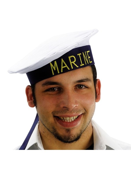 Cappello marinaio bianco con scritta Marine dorata e nastri blu per costume nautico