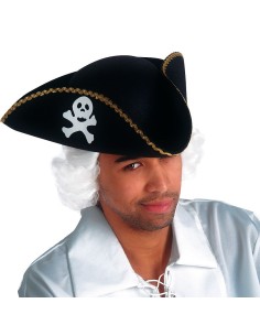 Cappello pirata nero in feltro con teschio bianco e bordature dorate per costume