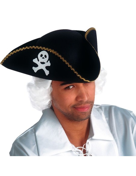 Cappello pirata nero in feltro con teschio bianco e bordature dorate per costume
