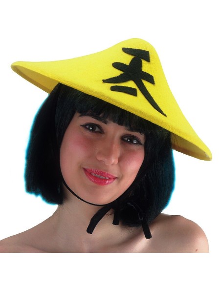 Cappello cinese giallo in feltro con simboli neri tradizionali orientali per costume